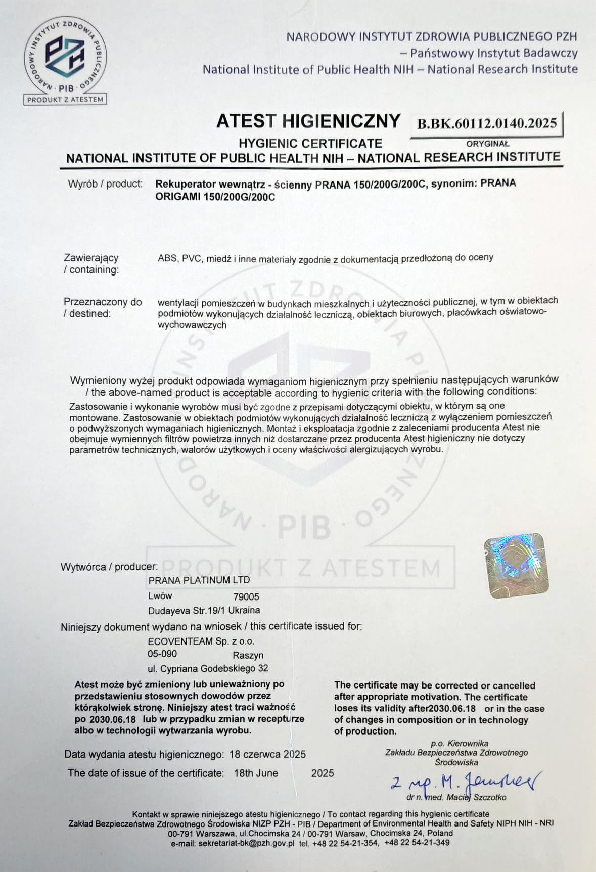 Atest PZH Prana